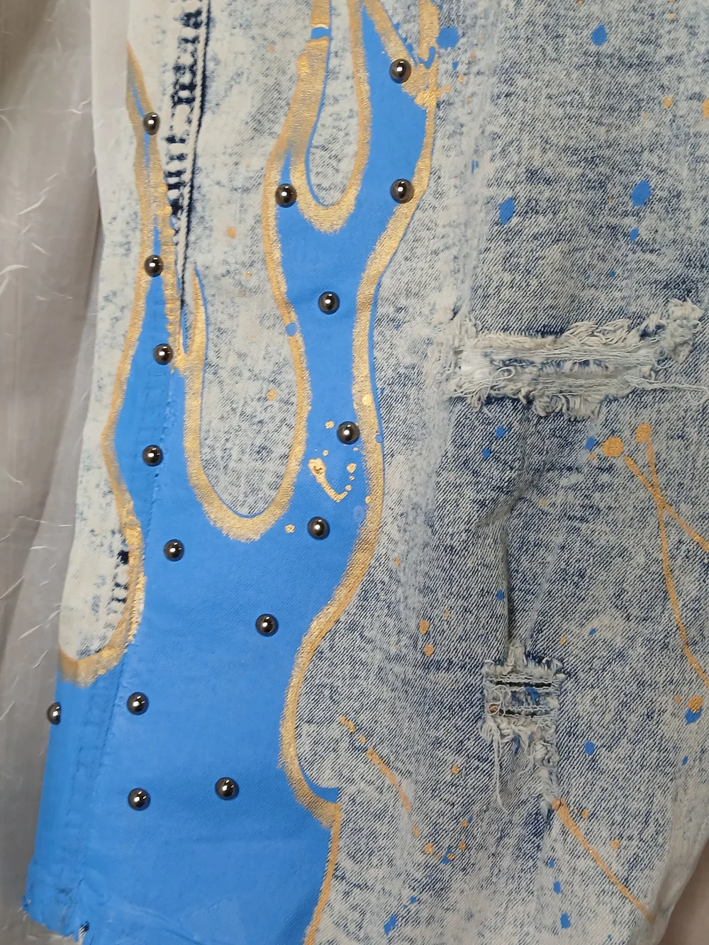 Men's Acid-Wash Jean Shorts with Blue Flame Detail